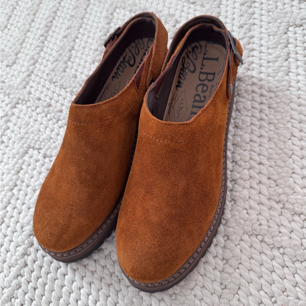 L.L. Bean Women's Suede Mule Clogs in Cognac Brown